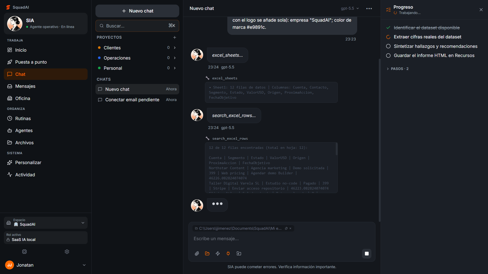 Chat con panel de progreso